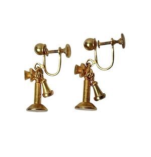 Vintage Old Time Telephone Earrings Dangle Gold Tone Screw Back Retro Novelty